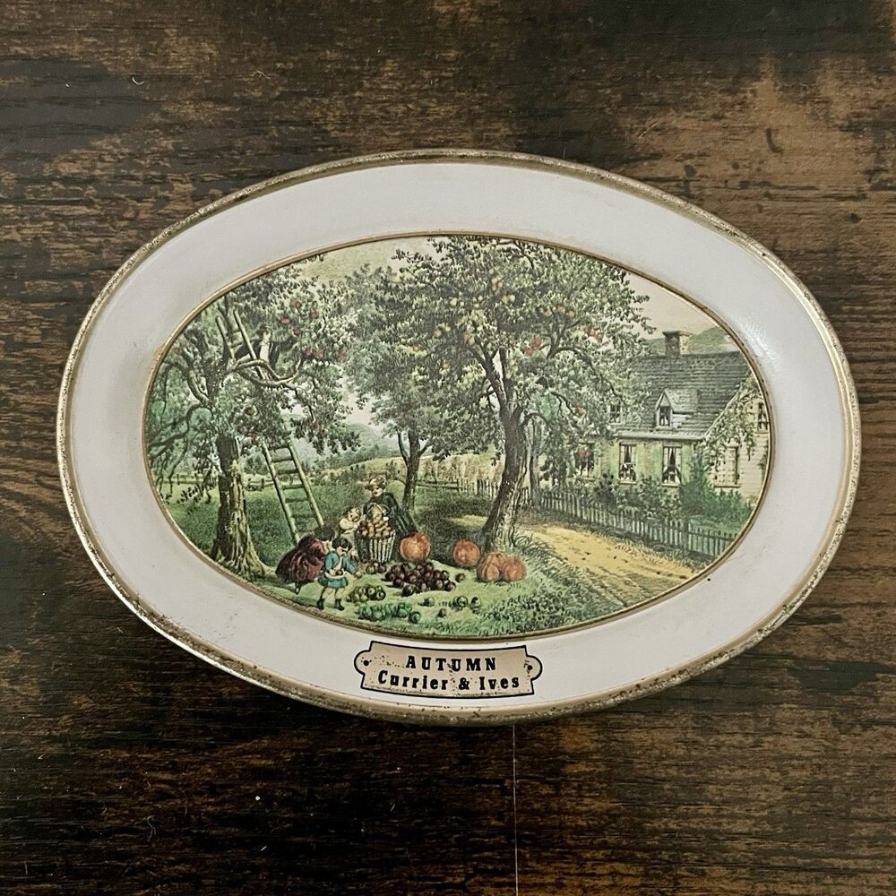 Vintage Currier & Ives American Homestead Autumn Mini Metal Tin Tray 1970s